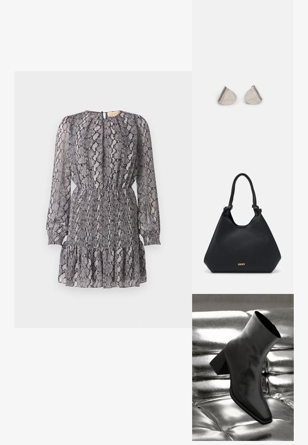 Pilkas ir juodas gyvačių rašto suknelė su ilgomis rankovėmis, elastingu juosmeniu ir raukšlėtu apvadu. Yra apikaklėje užsegimas.; Juodos kulkšnies botai, pagaminti iš blizgaus medžiagos, su kvadratine padu ir siauru kulnu, prieš blizgiai sidabrinį pūsto audinio foną.; Juodas odinis tote krepšys su tekstūruotu paviršiumi, mazguotais rankenų akcentais ir aukso logo detalėmis apačioje. Pasižymi laisvu siluetu.; Sidabriniai metaliniai auskarai su lygiu, ašaros formos dizainu ir blizgiu paviršiumi. Subtilūs raižiniai prideda detalumo. Minimalistinis dizainas.