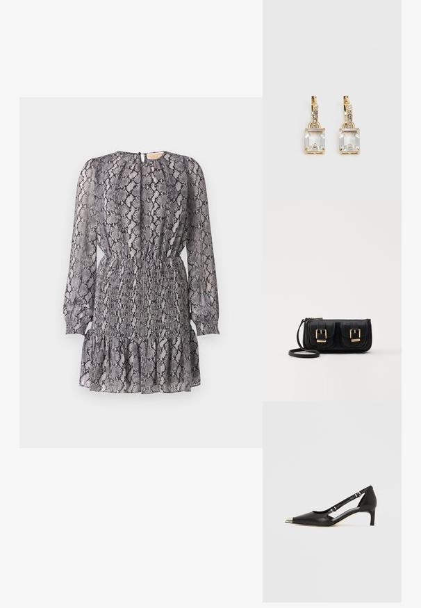 Pilkas ir juodas gyvačių rašto suknelė su ilgomis rankovėmis, elastingu juosmeniu ir raukšlėtu apvadu. Yra apikaklėje užsegimas.; Juodos odos bateliai su žemu kulniuku, smailiu sidabro spalvos pirštinės gaubtu ir dvigubais dirželiais, ant balto fono.; Juodas odinis per petį nešiojamas krepšys su dviem priekiniais kišenėmis, auksiniais sagtimis, užtrauktuko uždarymu ir siauromis petnešomis. Textūruota paviršius ir kompaktiškas stačiakampis formatas.; Auksinės spalvos auskarai, kuriuose yra stačiakampis, skaidrus kristalas, kabantis po eile mažų, apvalių skaidrių akcentų. Šiuolaikiškas, modernus dizainas.