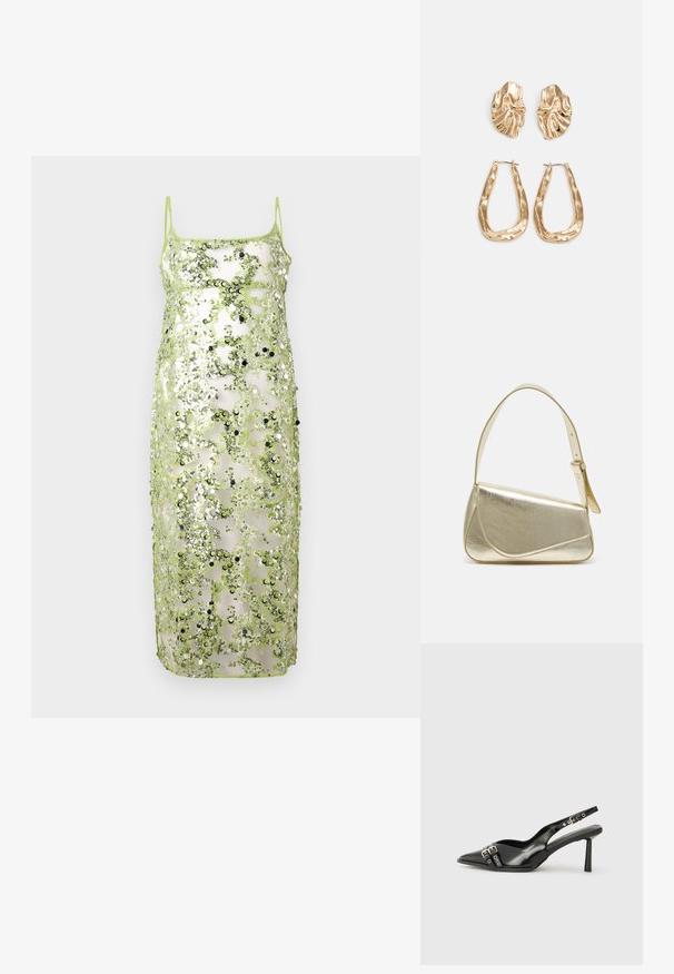 Šviesiai žalia suknelė su blizgučiais, plonomis petnešomis, su permatomu audinio uždangalu, papuoštu apvaliais blizgučiais ir sudėtingais raštais.; Juodas lakuotas odinis batelis su smailiu pirštu, kulkšnies dirželiais su sidabrinėmis sagtimis ir detalėmis, bei plonu kulnu.; Aukso metalinės rankinės su struktūrizuotu dizainu, lygaus paviršiaus ir reguliuojama dirželiu. Pasižymi unikaliu trikampiu pavidalu ir minimalizmu siuvinėjime.; Auksinės auskarai, turintys tekstūruotus, bangų formos elementus. Įeina skulptūriniai segami auskarai ir atviri lankai su išmuštu paviršiumi.