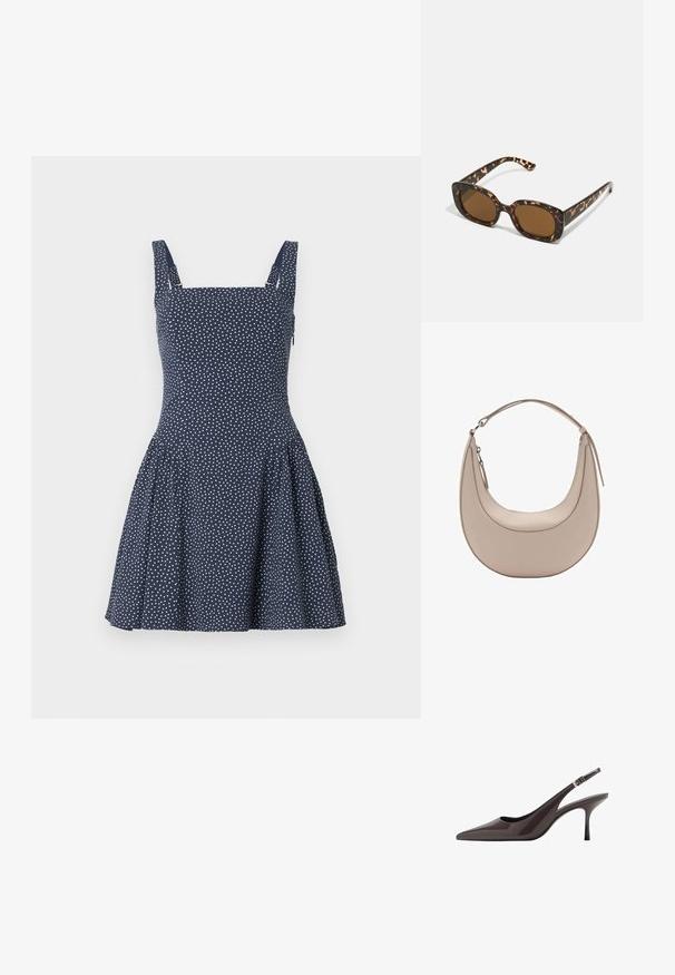 Rochie fără mâneci, de culoare bleumarin, cu decolteu pătrat, având un corset ajustat și o fustă evazată, decorată cu buline albe.; Tocuri cu vârf ascuțit, din piele patent de culoare maro închis, având un toc înalt subțire și o curea ajustabilă pentru gleznă cu cataramă.; Ochelari de soare cu chelă de broască țestoasă, având un cadru rotund și voluminos, cu lentile maro. Prezintă modele subtile și brațe drepte, conice.; Geantă de umăr din piele bej, cu o formă de semilună, textură netedă și un singur mânere curbat. Dispune de o închidere cu fermoar și cusături bine realizate.