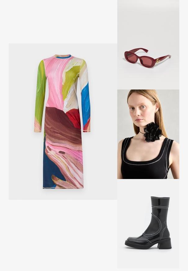 Sukienka z długim rękawem wykonana z gładkiego, elastycznego materiału, ozdobiona abstrakcyjnym, wielokolorowym wzorem w odcieniach różu, zieleni, niebieskiego i brązu.; Czarne lakierowane botki za kostkę z białym przeszyciem, okrągłym noskiem i słupkowym obcasem. Posiadają zakrzywione linie designu oraz gładką teksturę.; Czerwone plastikowe okulary przeciwsłoneczne o prostokątnych oprawkach, przyciemnionych soczewkach i złotym akcentem logo na zausznikach. Gładkie, błyszczące wykończenie.; Czarny naszyjnik-choker z kwiatów, wykonany z warstwowych płatków, noszony z czarnym, prążkowanym topem na ramiączkach z srebrnymi akcentami przy dekolcie i ramionach.