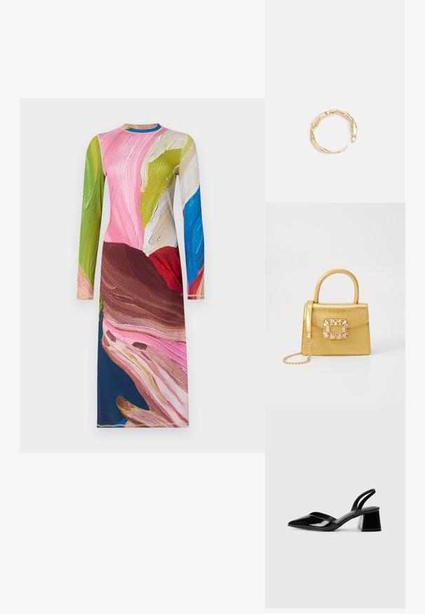 Ilga rankovėmis suknelė, pagaminta iš glotnaus, elastingo audinio, su abstrakčiu daugiaspalviu raštu, kurio spalvos yra rožinė, žalia, mėlyna ir ruda.; Juodos lakuotos odinės šlepetės su smailiu pirštu ir geometriniu bloko kulnu. Turi elegantišką, minimalistinį dizainą ir lygų paviršių.; Geltonas dirbtinės krokodilo odos rankinukas su standžiu dizainu, viršutine rankena, nuimamu grandininiu dirželiu ir dekoratyviniu krištolo papuošimu ant užsegimo.; Auksinės spalvos žiedas, turintis organišką, sukimosi dizainą su lygiu paviršiumi ir siaurėjančiais galais, sukuriantis modernią skulptūrinę išvaizdą.