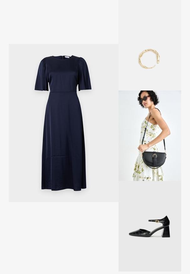 Marinblå midi-klänning i mjukt tyg. Har korta puffärmar och rund halsringning. Dragkedja i ryggen och en ren silhuett.; Svart lackläder högklackad sko med spetsig tå, ankelrem och strukturerat krokodilmönster. Fyrkantig klackdesign.; Svart läderhandväska med en böjd form, avtagbar rem och guldiga detaljer. Väskan har ett lock med en spänndetalj.; Ring i guldutförande med en organisk, vriden design, slät yta och avsmalnande ändar, vilket ger ett modernt, skulpturalt utseende.