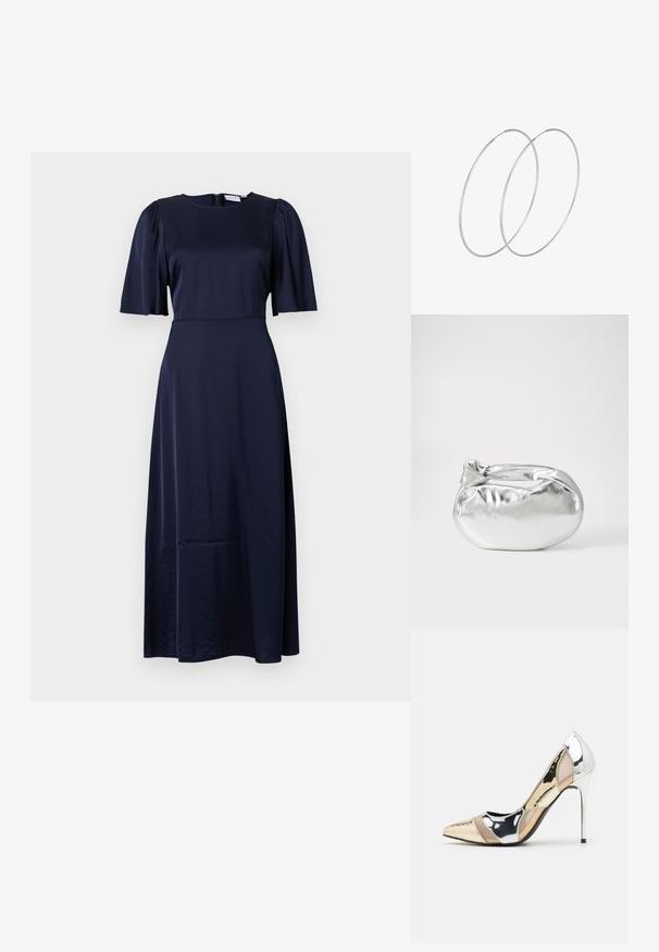 Morska midi haljina izrađena od glatkog materijala. Ima kratke napuhane rukave i okrugli izrez. Zatvaranje na leđima i čista silueta.; Cipele s visokom potpeticom i špicastim vrhom u srebrnoj, zlatnoj i nude boji. Sjajan finiš s izrezbarenim dizajnom, s potpeticom u obliku stiletto.; Srebrna metalik torbica s mekim, zaobljenim oblikom i čvorastim zatvaranjem na vrhu. Izrađena od glatke sintetičke kože.; Srebrne okrugle naušnice s minimalističkim dizajnom. Kružni oblik, glatka tekstura i tanak profil. Lagane s poliranim završetkom.