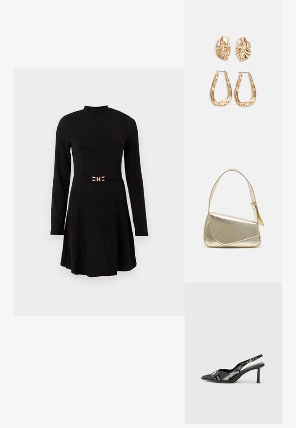 Vestido preto de manga longa com corpete justo, saia ampla, gola alta e cinto slim com uma pequena fivela dourada na cintura.; Sapato slingback preto em pele patentada com bico apontado, tiras no tornozelo apresentando fivelas e acessórios prateados, e um salto elegante.; Bolsa de mão metálica dourada com um design estruturado, textura suave e alça ajustável. Apresenta uma forma triangular única e costura minimalista.; Brincos em tom de ouro com formas onduladas e texturizadas. Inclui studs escultóricos com presilha e um design de argola aberta com um acabamento martelado.