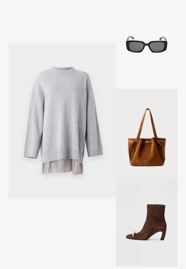 Baum und Pferdgarten CIMONE - Stickad klänning - calm grey; Bruna mockaskinnsankelboot med spetsig tå, med en guldtonad detalj framtill och en böjd klack. Slät yta, strukturerad design.; Svarta rektangulära solglasögon med mörka linser, slimmad plastbåge och böjda tempel. Designen är kraftig med en minimalistisk estetik.; Brun mockaskåpväska med dubbla handtag, ett knäppstängningsband och en avslappnad, något slapp form.