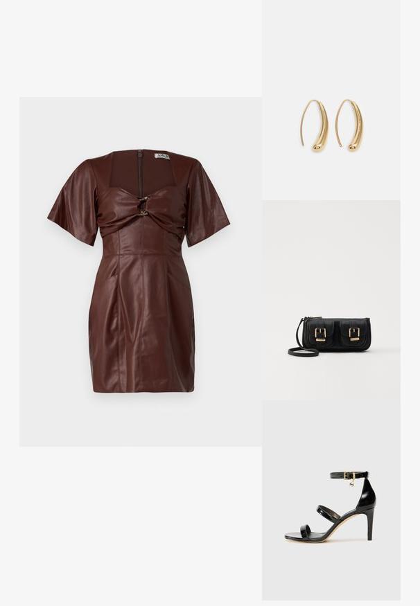 Smeđa kožna mini haljina sa četvrtastim izrezom, kratkim rukavima, detaljem uvijanja sprijeda i zatvaračem na leđima.; Crne lakirane kožne sandale s tri trake, kopčom na zapešću i potpeticom od 10 cm. Sadrže zlatne detalje i privjesak s logotipom.; Crna kožna torba preko ramena s dva prednja džepa, zlatnim kopčama, zatvaranjem na zip i uskim remenom. Teksturirana površina i kompaktan pravokutan oblik.; Zlatne metalne naušnice u obliku obruča s zakrivljenim, izduženim oblikom. Imaju glatku, sjajnu površinu i zaobljeni vrh za dodatni detalj.