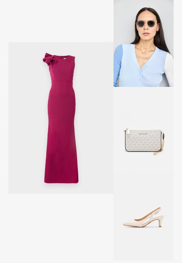 Gaiša magenta krāsas kleita ar augstu kaklu, bez piedurknēm un lielu ziedu akcentu uz kreisā pleca. Gluda, teksturēta auduma.; Baltas siksniņveida papēdis ar smailu purngalu, gludu augšējo materiālu, zemu blokpapēdi un sānu izgriezumu dizainu ar regulējamu sprādzi.; Apaļas saulesbrilles ar tumšiem objektīviem un zeltītām rāmēm. Modelis valkā gaiši zilu, ribotu kardigānu ar pogām un kontrastējošām baltām piedurknēm.; Michaela Korsa rokassomi bez̦ā īšojuma, kas izgatavota no apklāta kanvas, iekļaujot atkārtotu MK logotipa rakstu, zelta aparatūru un noņemamu ķēdes siksnu.