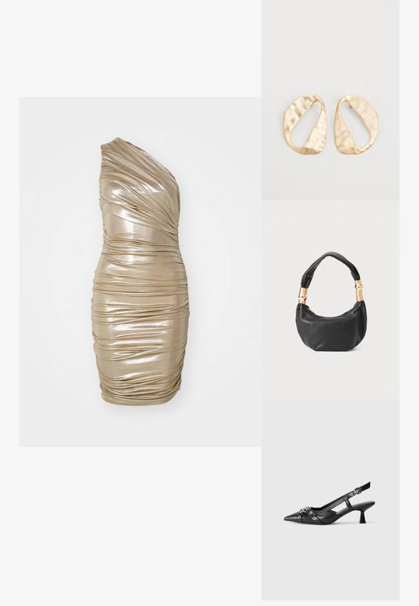 Sukienka na jedno ramię w metalicznym złotym kolorze z marszczeniami, dopasowanym krojem i gładką teksturą, prezentująca błyszczące wykończenie.; Czarne skórzane buty typu slingback z ostrym noskiem, ozdobnymi paskami z metalowymi oczkami oraz niskim klinowym obcasem. Teksturowana powierzchnia.; Czarna skórzana torebka o okrągłym kształcie, miękkiej fakturze i wiązanym uchwycie z akcentami w złotym odcieniu. Zamek błyskawiczny.; Para nieregularnych, owalnych kolczyków ze złotego metalu o teksturowanej, lekko młotkowanej powierzchni na białym tle.