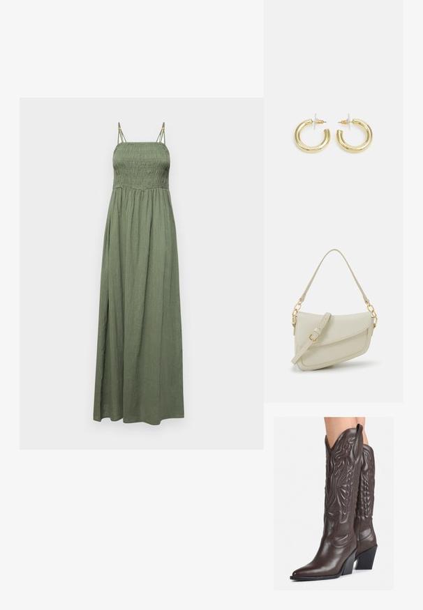 Olive žalia lino maxi suknelė su susiraukšlėjusiu liemeniu ir reguliuojamomis petnešėlėmis. Plaukiojanti sijonas su laisvai krentančia siluetu ir subtilia tekstūra.; Rudos odinės kaubojaus batai su smailiu priekiu ir blokuotu kulnu, pasižymintys detaliu siuvinėjimu ir iškiliais akcentais ant ašies.; Mažas kreminis rankinukas su tekstūruotu paviršiumi, ilga reguliuojama juostele, grandinėle ir užsegimu su atvartu. Aukso detalės.; Aukso auskarai su lygiu, blizgiu paviršiumi. Apvalus dizainas su maža užrakto dalimi ir skaidria atrama saugiam nešiojimui.
