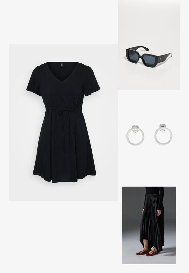 Crna haljina s kratkim napuhanim rukavima, V-izrezom i strukom na vezanje. Lepršavi dizajn, lagana tkanina i duljina iznad koljena.; Crna plisirana suknja s visokim i niskim rubom, uparena s sjajnim crvenim balerinkama s dizajnom trakice. Tkanina ima glatku teksturu.; Crne prevelike sunčane naočale s geometrijskim dizajnom, pravokutnim lećama i sjajnom završnom obradom. Nema vidljivog brendiranja sprijeda.; Srebrne metalne naušnice u obliku prstena s brušenom teksturom, s kružnim dizajnom i prozirnom vrstom kopče za sigurno nošenje.