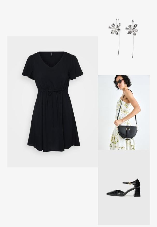 Crna haljina s kratkim napuhanim rukavima, V-izrezom i strukom na vezanje. Lepršavi dizajn, lagana tkanina i duljina iznad koljena.; Crna lakirana visoka potpetica s izoštrenim prstom, remenom oko gležnja i teksturiranom krokodilskom šablonom. Dizajn kvadratne blok potpetice.; Crna kožna torba s lukovitim oblikom, odvojivim remenom i zlatnim detaljima. Torba ima preklop s kopčom.; Srebrne naušnice u obliku cvijeta s teksturiranim završetkom, s dugim kukama i detaljima nalik laticama za složen dizajn.