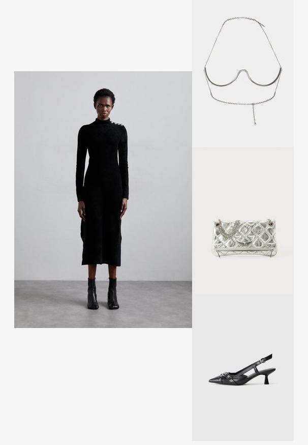 Melnas garas piedurknes kleita tekstilā ar augstu apkakli un sudraba akcentu uz pleca, apvienota ar melniem potīšu zābakiem.; Melnas ādas šlipsveida kurpes ar norādītu purngalu, dekoratīvām joslām ar metāla acīm un zemu bloku papēdi. Teksturēta virsma.; Sudraba metāla rokas soma ar ķēdes rokturi, piedāvā baudāmu struktūru, dekoratīvo šuvju un rāvējslēdzēju aizdari. Priekšpusē ir reljefa akcenti.; Cult Gaia ASHA BODY JEWELRY - Citi aksesuāri - bright shiny silver-coloured