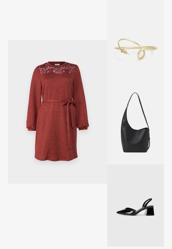 Crvena haljina s dugim rukavima, pletena tkanina, čipkasti detalj na korpici i pojas vezan u struku. Ima okrugli izrez i opušteni kroj.; Crne lakirane kožne sandale s otvorenom petom i špicastim vrhom, s geometrijskom blok petom. Imaju elegantan, minimalistički dizajn i glatku teksturu.; Crna kožna hobo torba s glatkom teksturom, zakrivljenim oblikom i jednom podesivom trakicom; ima širok otvor na vrhu.; Zlatna metalna narukvica s fluidnim, zavojitim dizajnom. Sadrži mali, istaknuti srebrni akcent na jednom kraju.