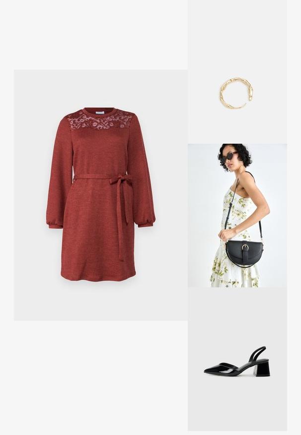 Rotes Kleid mit langen Ärmeln, aus Strickstoff, mit Spitzenverzierungen am Oberteil und einem gebundenen Taillengürtel. Hat einen Rundhalsausschnitt und eine lässige Passform.; Schwarze Lackleder-Slingback-High Heels mit spitzem Schuh und einem geometrischen Blockabsatz. Verfügt über ein schlankes, minimalistisches Design und eine glatte Textur.; Schwarze Lederhandtasche mit geschwungener Form, abnehmbarem Tragegurt und goldenen Beschlägen. Die Tasche verfügt über einen Deckel mit einer Schnallen-Details.; Goldfarbener Ring mit einem organischen, gedrehten Design, glatter Oberfläche und sich verjüngenden Enden, was ein modernes, skulpturales Erscheinungsbild erzeugt.