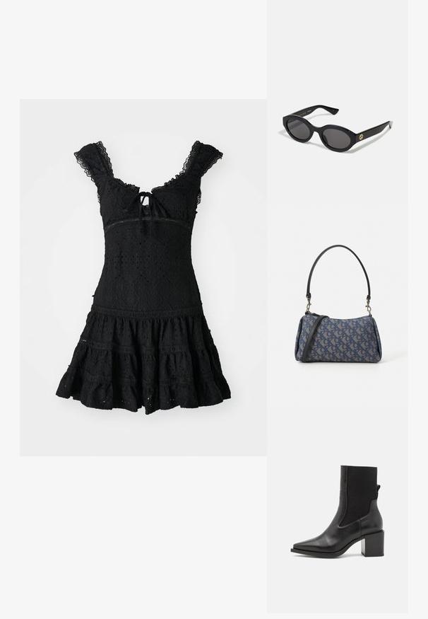 Vestido preto de renda com corpete justo, mangas franzidas e saia rodada. Apresenta um detalhe de laço em forma de chave e padrões florais intricados.; Bota ankle preta com bico fino, feita de couro liso e tecido elástico. Apresenta um salto bloco e um design minimalista.; Óculos de sol ovais pretos com lentes escuras e armação de plástico brilhante. Apresenta um logotipo dourado na haste, oferecendo um design elegante e moderno.; Bolsa de padrão azul feita de tecido, com um formato curvo, alça de couro preto e design de logotipo em uma tonalidade mais clara.