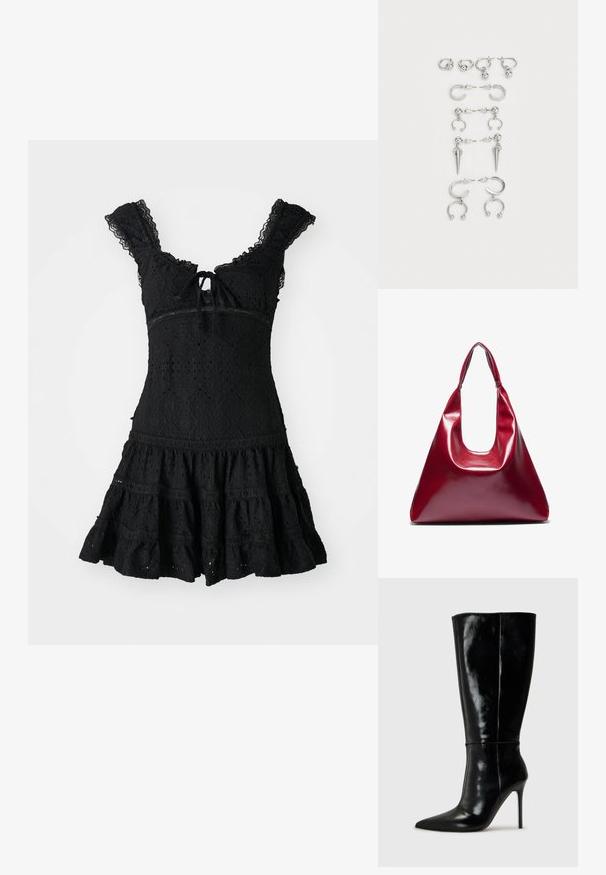 Must mustriga kleit, mis on täpselt sobitatud, volangkäistega ja laieneva seelikuga. Sisaldab ukseava sõlme detaili ja keerulisi lillemustreid.; Mustad nahast kuni põlveni ulatuvad saapad terava ninaga ja kõrge stiletto kontsaga. Sile tekstuur ja stiilne disain, millel on minimaalne kaunistus.; Punane läikiv nahast käekott kolmnurga kujuga, laia ülemise avaga ja ühe kõveriku käsitsemisega. Sile tekstuur, minimale stitching detailidega.; Hõbedaste kõrvarõngaste komplekt, mis sisaldab erinevaid stiile: rõngad, kõrvaaugud ja rippuvad mudelid, millel on kuulitaolised aktsendid ja teravad elemendid.