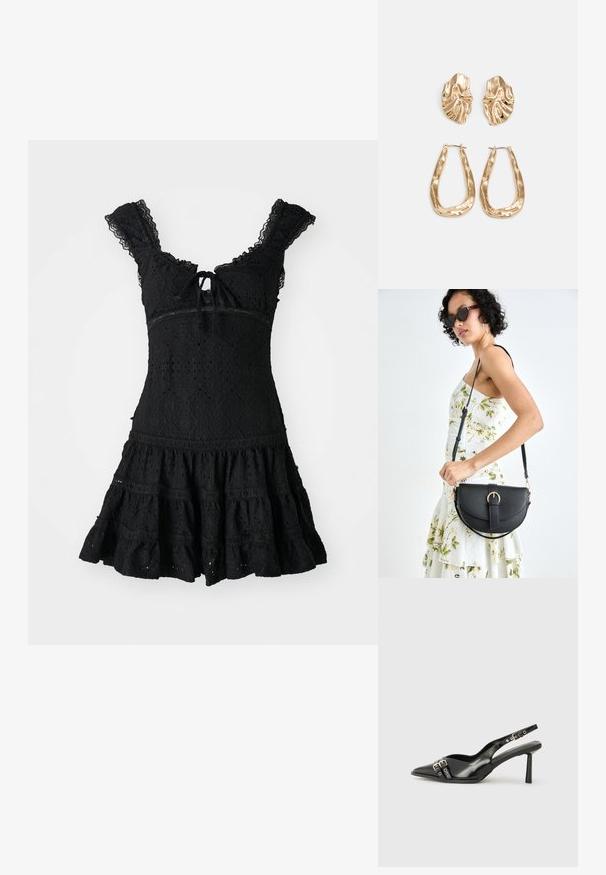 Rochie din dantelă neagră cu un corset croit, împărătesc, cu mâneci volan și fustă evazată. Prezintă un detaliu cu fundă în formă de orificiu și modele florale intricate.; Pantofii slingback din piele lăcuită neagră, cu vârf ascuțit, bretele pentru gleznă cu catarame și accesorii din argint, și un toc subțire.; Geantă din piele neagră, cu o formă curbată, curea detașabilă și accesorii aurii. Geanta are un capac cu un detaliu tip cataramă.; Cercei aurii cu forme texturate și ondulate. Include studs sculpturale cu clip și un design de cerc deschis cu un finisaj cioplit.