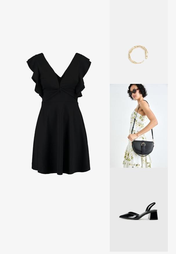 Czarna sukienka z dekoltem w serek, krótkimi falbaniastymi rękawami oraz dopasowaną górą. Spódnica rozszerza się, wykonana z gładkiego, lekkiego materiału.; Czarne lakierowane półbuty na obcasie z wydłużonym noskiem i geometrycznym słupkiem. Charakteryzują się eleganckim, minimalistycznym designem oraz gładką fakturą.; Czarna skórzana torebka o zakrzywionym kształcie, z odpinanym paskiem i złotymi akcentami. Torebka posiada klapę z zapięciem w kształcie klamry.; Pierścionek w odcieniu złota z organicznym, skręconym wzorem, o gładkiej fakturze i zwężających się końcach, tworzący nowoczesny, rzeźbiarski wygląd.