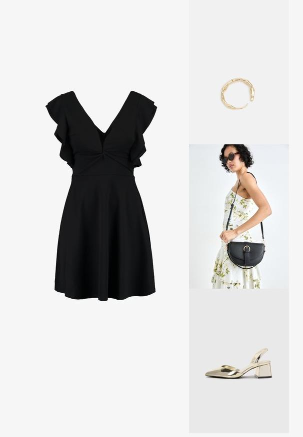 Crna haljina s V-izrezom, kratkim volanima i uskim korzetom. Suknja se širi prema dolje, napravljena od glatkog, laganog materijala.; Zlatni metalik slingback sandali s šiljatim vrhom i debelim potpeticama. Glatka tekstura, minimalistički dizajn i uski remen.; Crna kožna torba s lukovitim oblikom, odvojivim remenom i zlatnim detaljima. Torba ima preklop s kopčom.; Prsten u zlatnoj nijansi s organskim, uvijenim dizajnom, glatkom teksturom i suženim krajevima, koji stvara moderan, skulpturalni izgled.