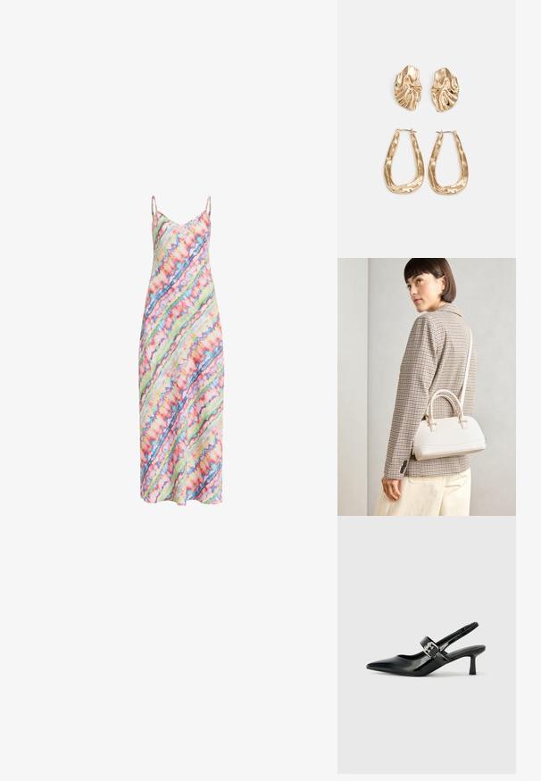 Värviline, õlast vabana kleit, millel on diagonaalne tie-dye muster roosa, rohelise, sinise ja valge toonides ning õhukesed rihmad.; Mustad patenteeritud nahast sildiga kontsad, millel on terav nina ja väike plokk-konts, mille rihmal on hõbedane pandla aksessuaar.; Valge struktureeritud käekott lühikeste käepidemete ja õlavööga, millel on kuldse riistvara aktsendid ja tekstuuriga materjal, eksponeeritud halli taustal.; Kuldse värvi kõrvarõngad, mis on kaunistatud tekstuursete ja laineliste kujunditega. Komplektis on skulpturaalsed klamber kõrvarõngad ja avatud rõngasdisain, millel on lõhestatud viimistlus.