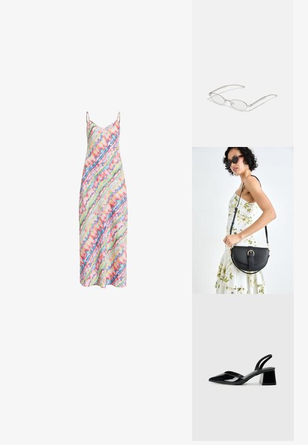 En fargerik, ermeløs kjole med et diagonalt tie-dye-mønster i nyanser av rosa, grønn, blå og hvit, med tynne stropper.; Svarte patentlær slingback hæler med spiss tå og geometrisk blokk hæl. Har et stilrent, minimalistisk design og jevn tekstur.; Ovale briller med en metallic sølvramme, klare linser og teksturerte perleakkenter på bøyler. Lett design med buede armer.; Svart lærveske med en buet form, avtagbar stropp og gullbeslag. Vesken har et klaff med spenne-detall.