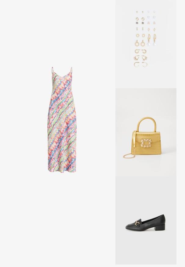 Egy színes, ujjatlan ruha, amely átlós batikolt mintázattal rendelkezik rózsaszín, zöld, kék és fehér árnyalatokban, vékony pántokkal.; Fekete bőr loaferek lapos talppal, dekoratív arany hardware részlettel az elején és sima felülettel.; Sárga műbőr krokodil mintás kézitáska strukturált kialakítással, felső fogantyúval, leválasztható lánccal és díszes kristály díszítéssel a záron.; Arany tónusú fülbevalók szettje, amely különféle mintákat tartalmaz, beleértve a stift fülbevalókat, karikákat és gyöngyökkel és strasszokkal díszített hosszú fülbevalókat.
