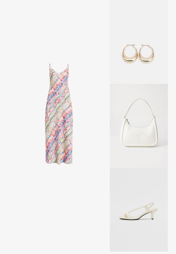 O rochie colorată, fără mâneci, cu un model diagonal de tie-dye în nuanțe de roz, verde, albastru și alb, cu bretele subțiri.; Sandale bej cu toc bloc, cu bretele subțiri și vârf pătrat. Material neted cu detalii minime, concepute pentru a fi ușor de purtat.; Geantă de umăr din piele albă cu formă curbată, având un logo "CK" embosat pe partea din față și un singur braț de umăr. Închidere cu fermoar în partea de sus.; Cercei tip hoop cu tonuri de aur, în formă de semilună, cu suprafață lustruită și închidere cu balama. Textură netedă și finisaj reflectant care îmbunătățesc vizibilitatea.
