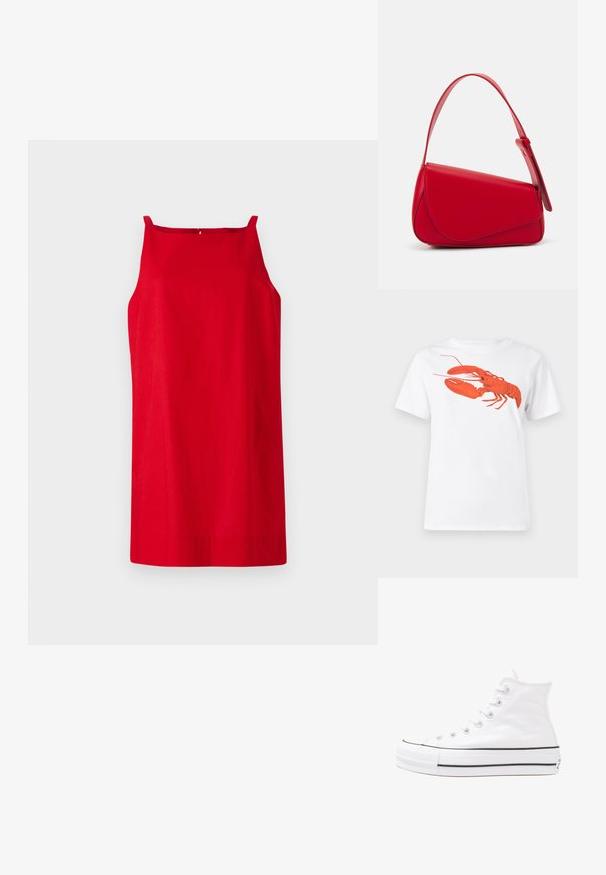 Rød ermeløs kjole med rett snitt, laget av glatt stoff. Har tynne skulderstropper og en subtil detalj med bakre søm.; Hvit bomull t-skjorte med et stort, lyst rødt hummermotiv på fronten. Korte ermer og standard rund hals-design.; Hvit høy-skinn kanvas sneakers med svart gummisåle, gummitåhette foran og seks hull for snorer, med et rent, minimalistisk design.; Rød lærveske med en vinklet, geometrisk design. Har en enkelt justerbar stropp og en klaffelukking med sydd detaljer.