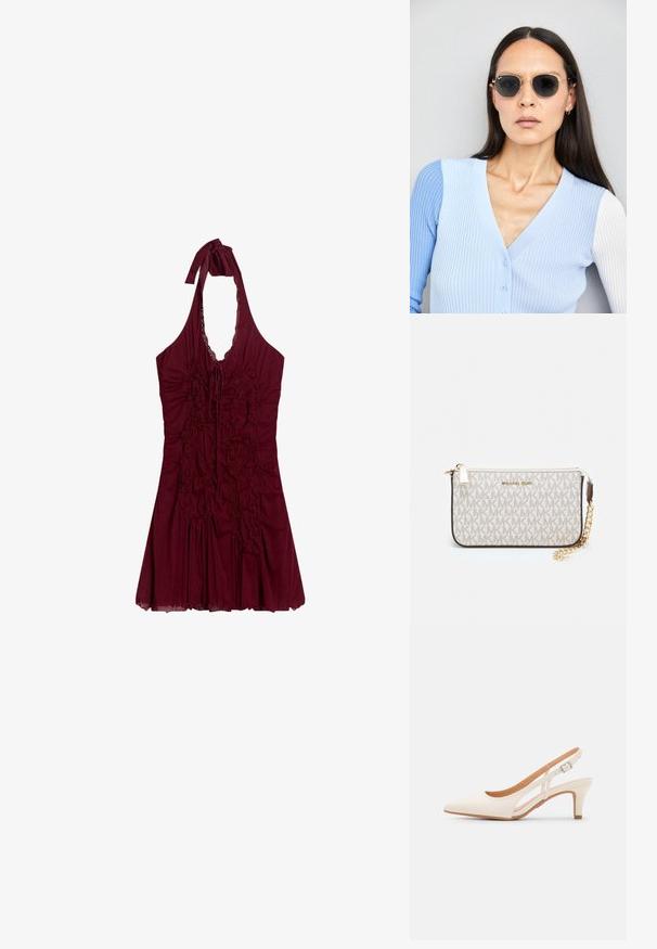 Sleeveless burgundy halter dress with ruched front and tie neck, featuring a flared skirt and lace trim along neckline.; White slingback heel with a pointed toe, smooth upper material, low block heel, and side cut-out design with adjustable buckle strap.; Round sunglasses with dark lenses and gold frames. The model wears a light blue, ribbed cardigan with buttons and contrast white sleeves.; Michael Kors wristlet in beige coated canvas featuring a repeating MK logo pattern, gold hardware, and a detachable chain strap.