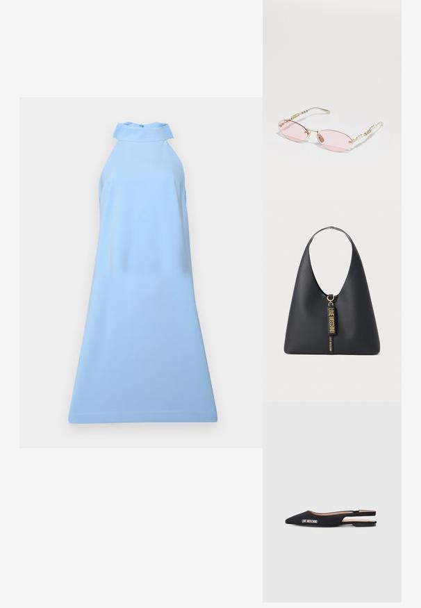 Gaiši zils halter-stila kleita, kas izgatavota no gludas auduma; tai ir pieguļošs augšdaļa un izlocīts apakšmalā, minimālisma dizains bez rakstiem vai rotājumiem.; Melnas izstrādnes ar atvērtu papēdi un smailiem pirkstiem, izgatavotas no gludas materiāla. Iespējota baltā "LOVE MOSCHINO" zīmola apzīmējums un minimālistisks dizains.; Gucci Saulesbrilles - gold-coloured/pink; Melnas ādas plecu soma ar plašu siksnu, zelta aparatūru un diviem piekārtiem birkām ar uzrakstu "LOVE MOSCHINO" zelta burtiem.