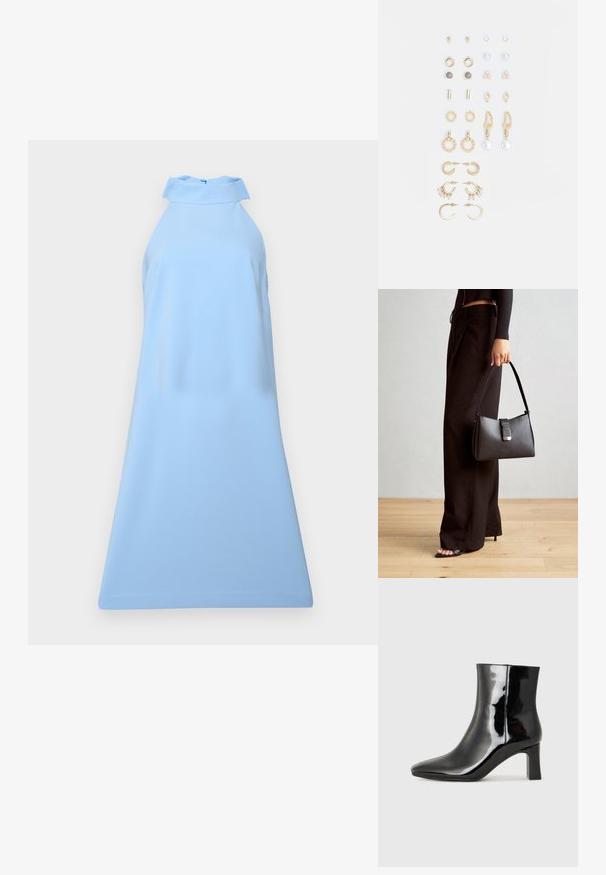 Světle modré šaty s halter krkem vyrobené z hladké látky; mají přiléhavou podprsenku a rozšířený lem, minimalistický design bez vzorů či ozdob.; Černé lakované kotníkové boty s špičatou špičkou a středně vysokým blokovým podpatkem. Hladká textura a minimalistický design.; Černá kabelka se strukturovaným tvarem, hladkým povrchem a kovovým uzávěrem. Kombinována s širokými černými kalhotami a sandály s otevřenou špičkou na dřevěné podlaze.; Sada náušnic ve zlatém tónu s různými designy, včetně pecek, kruhů a visacích kousků s perlami a rhinestony.