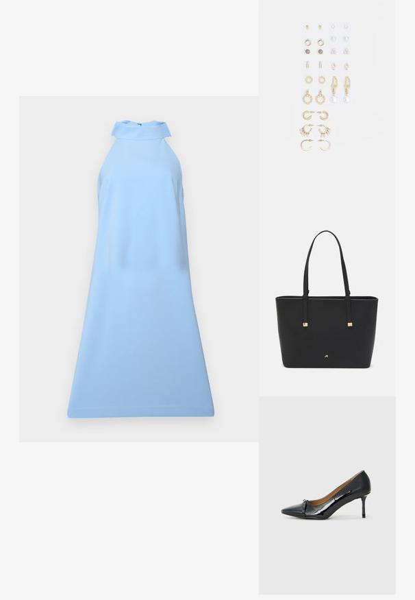 Világoskék, hosszú nyakú ruha sima anyagból; illeszkedő felsőrésszel és bővülő szegéllyel rendelkezik, minimalista design, minta vagy díszítés nélkül.; Fekete lakkbőr magassarkú cipő hegyes orral, díszes pánttal elöl, és vékony stiletto sarokkal.; Fekete tote táska szintetikus anyagból, egyszerű téglalap formájú dizájnnal, arany négyzet díszítésekkel és dupla fogantyúkkal.; Arany tónusú fülbevalók szettje, amely különféle mintákat tartalmaz, beleértve a stift fülbevalókat, karikákat és gyöngyökkel és strasszokkal díszített hosszú fülbevalókat.