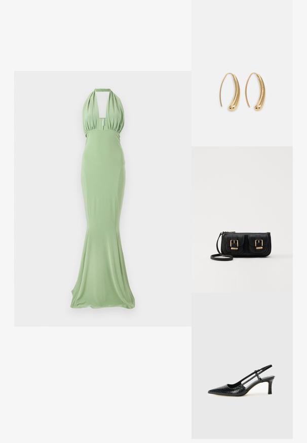 Vestido de noche ajustado con cuello halter en tela verde claro. Presenta un escote cuadrado, un cuerpo recogido y una falda acampanada. Textura suave.; Tacón slingback negro de charol con punta afilada, que presenta un estampado de serpiente texturizado, correa ajustable y un tacón bloque corto y texturizado.; Bolso cruzado de cuero negro con dos bolsillos frontales, hebillas doradas, cierre de cremallera y una correa delgada. Superficie texturizada y forma rectangular compacta.; Pendientes de aro de metal en tono dorado con una forma curva y alargada. Presentan una superficie lisa y brillante y una punta redondeada para mayor detalle.