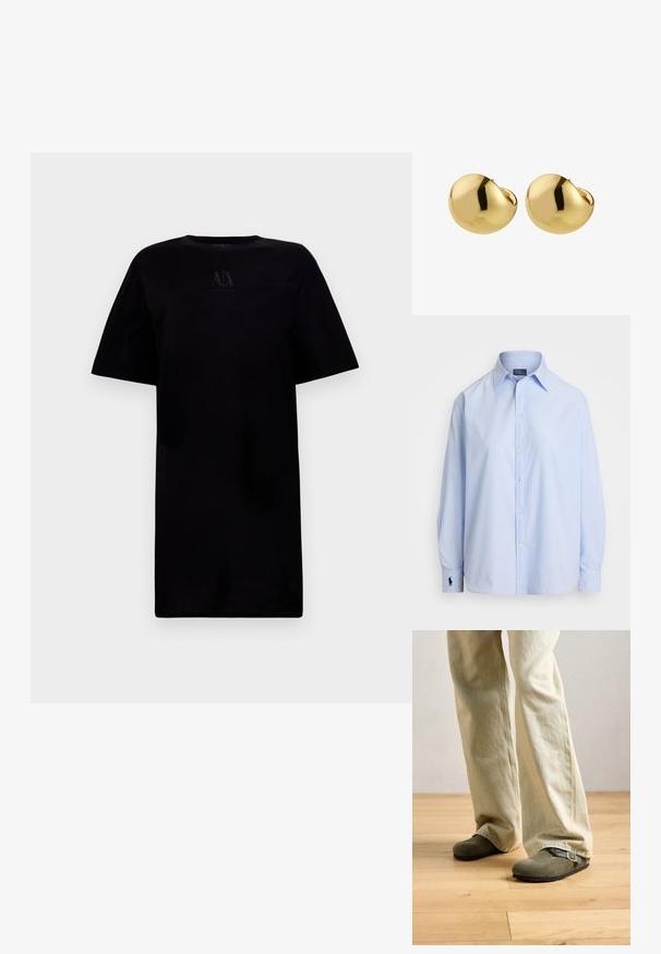 Juodas trumpomis rankovėmis, apvaliu kaklu marškinėliai, turintys logotipą ant krūtinės. Pagaminti iš minkštos medžiagos, turi laisvą pjūvį.; Šviesiai mėlynas medvilninis marškinėlių mygtukų marškinys su ilgomis rankovėmis, klasikiniu apykakle ir mažuoju siuvinėtu logotipu kairiajame rankogalyje.; Asmuo vilkintis šviesiai smėlio spalvos plataus kirpimo kelnes ir alyvuogių žalios zomšinės šlepetes su sagtimi ant šviesaus medinio grindų.; Smėlinė odinė delninė su dviem rankenomis, auksiniu užveržimu ir struktūrizuotu dizainu, turinčiu kontrastingus lygius ir tekstūrinius skyrius.; Pilgrim JACE - Auskarai - gold-coloured