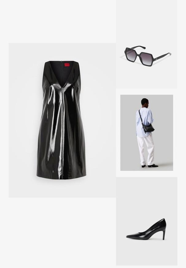 Juoda, be rankovių suknelė su V formos iškirpte ir blizgiu, atspindinčiu paviršiumi; turi centrinį užtrauktuką ir minimalistinį dizainą.; Juodas odinis aukštakulnis batelis su smailiu pirštu, lygiu paviršiumi ir siauru kulnu. Minimalistinis dizainas, jokių papildomų puošmenų.; Juodos šešiakampės saulės akinių su gradientiniais lęšiais, turinčių blizgų paviršių ir subtilų prekės ženklą ant šventyklos. Patvari plastikinė konstrukcija.; Juodas odinis petinis krepšys su minkšta tekstūra, trikampiu pavidalu ir reguliuojama juosta, derinamas su šviesiai mėlynu dryžuotu marškinėliu ir baltais džinsais.