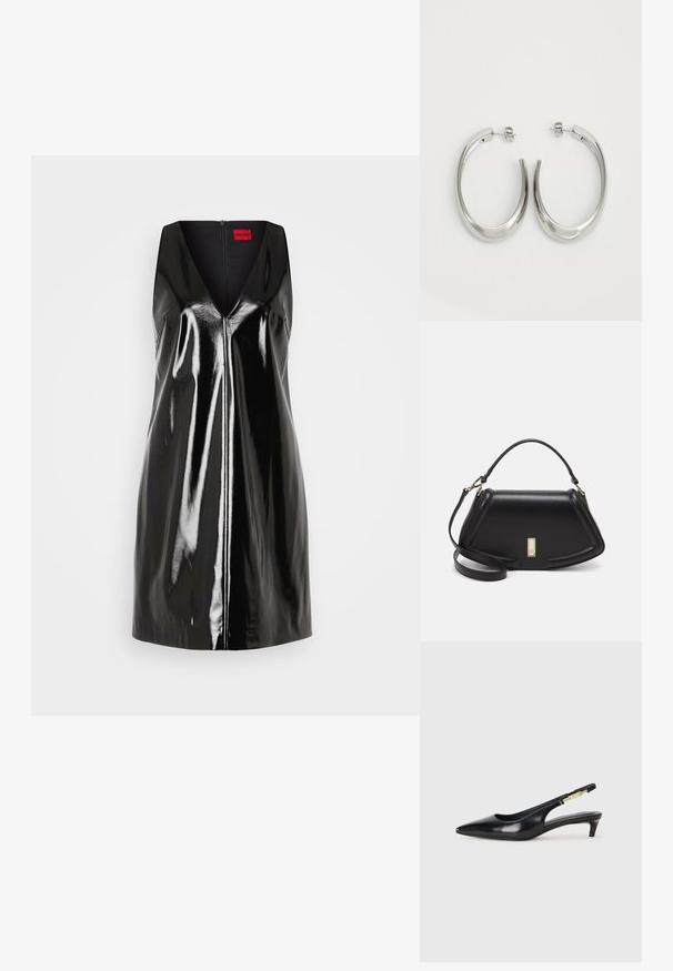 Crna, bez rukava haljina s V-izrezom i sjajnim, reflektirajućim završetkom; sadrži središnji patentni zatvarač i minimalistički dizajn.; Crne kožne sandale s petom, s izduženim vrhom, imaju usku petu i zlatni akcent na podesivoj traci. Glatka tekstura.; Crna kožna torba s strukturiranim dizajnom, s krojenim oblikom, gornjom drškom i zlatnim detaljima. Uključena je podesiva ramena traka.; Srebrne kružne naušnice s glatkim, zakrivljenim dizajnom. Imaju sjajnu metalnu završnu obradu i kopču na tipku. Nema vidljivih uzoraka ili ukrasa.