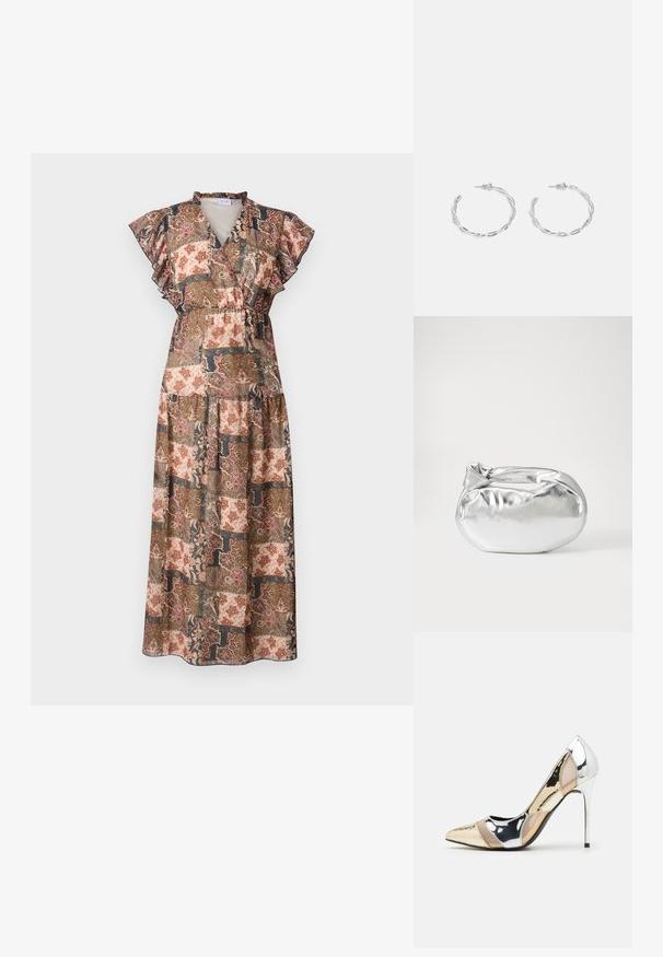 Maxi kleita ar laukuma dizainu siltās krāsās, volāniem pie piedurknēm, V veida kakla izgriezumu un elastīgu jostu, kas nodrošina pieguļošu siluetu.; Apspīlēta augstpapēžu kurpe ar zeltītu, sudrabi un neitrālu krāsu kombināciju. Spīguļojoša virsma ar izgriezuma dizainu, aprīkota ar stiletto papēdi.; Sudraba metāliska poga somiņa ar mīkstu, noapaļotu formu un mezgla augšējo aizdari. Izgatavota no gludas mākslīgās ādas materiāla.; Sudraba gredzenveida auskari ar savītu dizainu, kas ir ar pulētu apdari un ar aizmugurēju fiksāciju. Izmērs ir aptuveni 3 cm diametrā.