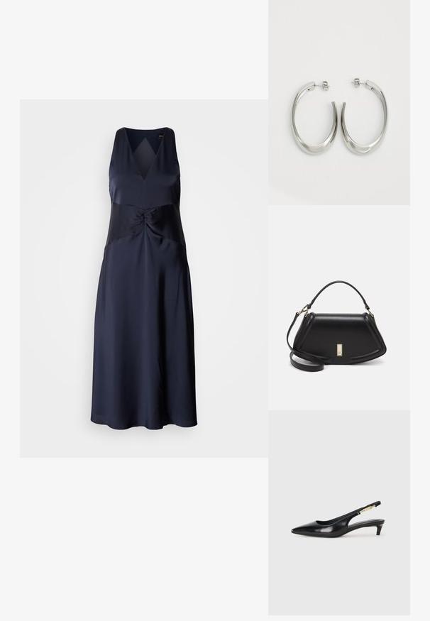 Rochie fără mâneci bleu marin din satin, cu decolteu în V, detaliu torsionat la bust și siluetă fluida în formă de A. Textură netedă și lucioasă.; Sandale slingback din piele neagră cu vârf ascuțit, având un toc subțire și un accent de culoare aurie pe curea ajustabilă. Textură netedă.; Geantă de umăr din piele neagră, cu un design structurat, având o formă tăiată, mânere superioare și accente din aur. Include o curea de umăr ajustabilă.; Cercei din argint, cu un design neted și curbat. Prezintă o finisare metalică strălucitoare și închidere cu stud. Fără modele sau accente vizibile.