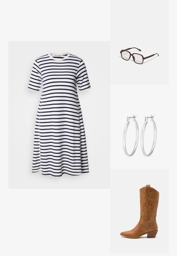 Juostuota suknelė su trumpomis rankovėmis, apvaliu iškirpimu ir platėjantį siluetą. Spalvos yra balta ir tamsiai mėlyna, su lygiomis horizontaliomis juostomis.; Ruda odinė kantri batai su smailiu būtų pirštu, siuvinėtais spiralės raštais ant viršaus ir su kamščiu blokuotu kulnu. Yra tamprių užtraukių, kad būtų lengviau užsidėti.; Rudos, stačiakampiai akinių rėmeliai su skaidriais lęšiais ir violetiniais atspalviais. Lygus plastikinis rėmas su tiesiomis šventyklomis ir subtiliais akcentais.; Sidabriniai auskarai su sklandžiu, poliruotu paviršiumi. Apvalios formos ir saugus uždarymo mechanizmas. Lengvas dizainas, tinkantis kasdieniam dėvėjimui.