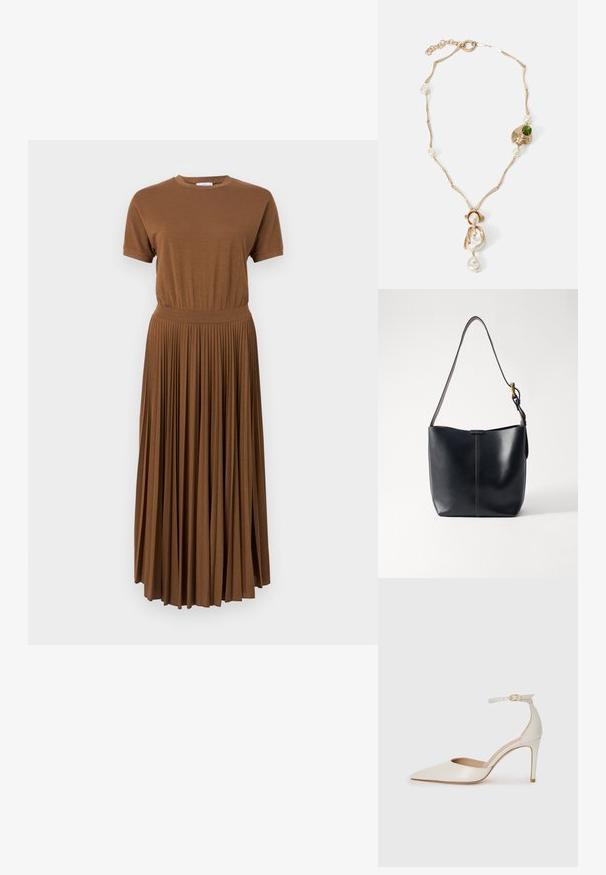 Ruskea villapaitamekko, jossa on istuva yläosa ja laskostettu, virtaava alaosa. Lyhyet hihat ja pyöreä pääntie. Tasainen rakenne kauttaaltaan.; Valkoinen nahkainen korkokenkä, jossa on terävä kärkinen muoto, nilkkaremmi ja kapea korko. Suora pinta, jossa on hienovarainen kiiltävä viimeistely.; Musta nahkainen olkalaukku, jossa on sileä pinta, ohut ja pitkä hihna sekä hienovarainen ommeltu yksityiskohta keskellä.; Kultaketju, jossa on kiertyneet linkit, valkoisia helmiä ja vihreä kiviakseli. Ominaisuuksiin kuuluu monimutkaiset yksityiskohdat ja kiinnitysklipsi.