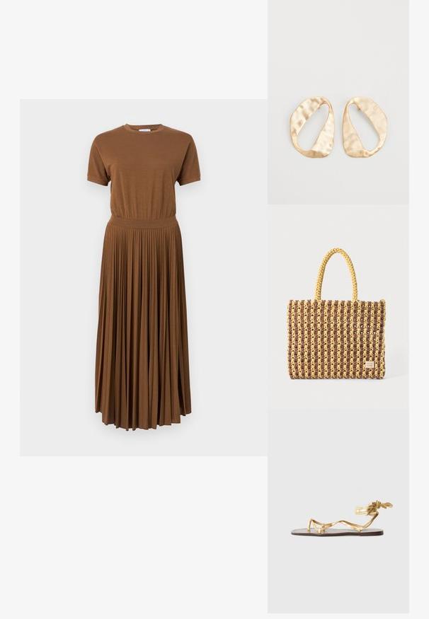 Pruun jerser Kleid, millel on klambrid, mis on sobiv ja pleeditud, voolav seelik. Lühikesed varrukad ja ümmargune kaelus. Sujuv tekstuur kogu ulatuses.; Lamedega, millel on kuldne metallik viimistlus, õhukesed rihmad ja sidumisotsik. Tallad on valmistatud pruuni nahast ja lihtsa disainiga.; Kootud kott pruunis ja kollases, millel on ristkülikukujuline kuju, kaks käepidet ja tekstureeritud viimistlus koos nähtava õmblusega ning brändi sildiga.; Eba paar eba ebaorditud ovaalkujulisi kuldehhe kaal setertu, kerge keersuju pinnaga valgel taustal.