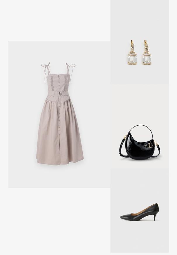 Hellbeiges Kleid mit taillierter Brustpartie, Spitzenverzierung und verstellbaren Trägern. Es verfügt über einen Gürtel mit einer Metall-Schnalle und eine durchgeknöpfte Vorderseite.; Schwarzer Lederpumps mit spitzem Zehenbereich, niedrigem Absatz und glatter Textur. Verfügt über eine leichte Öffnung an der Vorderseite und minimale Beschläge an der Rückseite.; Schwarze Handtasche aus Lackleder in geschwungener Form, mit verstellbarem Trageriemen und goldfarbenen Hardware-Details an der Seite. Glatte, glänzende Textur.; Ohrringe in Goldfarbe mit einem rechteckigen, durchsichtigen Kristall, der unter einer Reihe kleiner, runder klarer Akzente hängt. Elegantes, modernes Design.