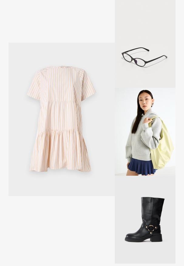 Lühikeste varrukatega kleit valgete ja oranžide vertikaalsete triipudega, millel on kokku kogutud rind ja laienev müts. Valmistatud kergest kangast.; Must muste rebenkaga nahast saapad, millel on tugev konts ja dekoratiivne rihm, kus on kuldne ümmargune klamber, valgel taustal.; Mustad mustast plastist prillid ovaalse kujuga, selge klaasiga ja ühe lilla aktsendiga vasakul klaasil. Elegantne ja minimalistlik disain.; Hallukas halli kapuutsiga jakki, millel on kenguru tasku, sobitatud tumesinise lõhiku säärega seeliku juurde. Aksessuaar: suur heledast kollasest seljakotist, sile tekstuur.