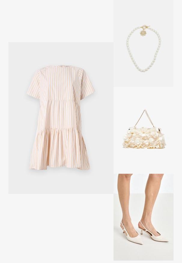 Sukienka z krótkim rękawem w białe i pomarańczowe pionowe paski, z marszczoną górą i rozkloszowanym dołem. Wykonana z lekkiego materiału.; Beżowe lakierowane szpilki z odkrytą piętą, zakończone spiczastym noskiem i 5 cm obcasem, z wyciętymi bokami oraz cienkim paskiem na kostce.; Biała torebka kwiatowa z marszczoną powierzchnią z tkaniny, złotą łańcuszkową rączką i metalowym zapięciem. Posiada teksturowane płatki jako dodatkowy detal.; Lauren Ralph Lauren - Naszyjnik