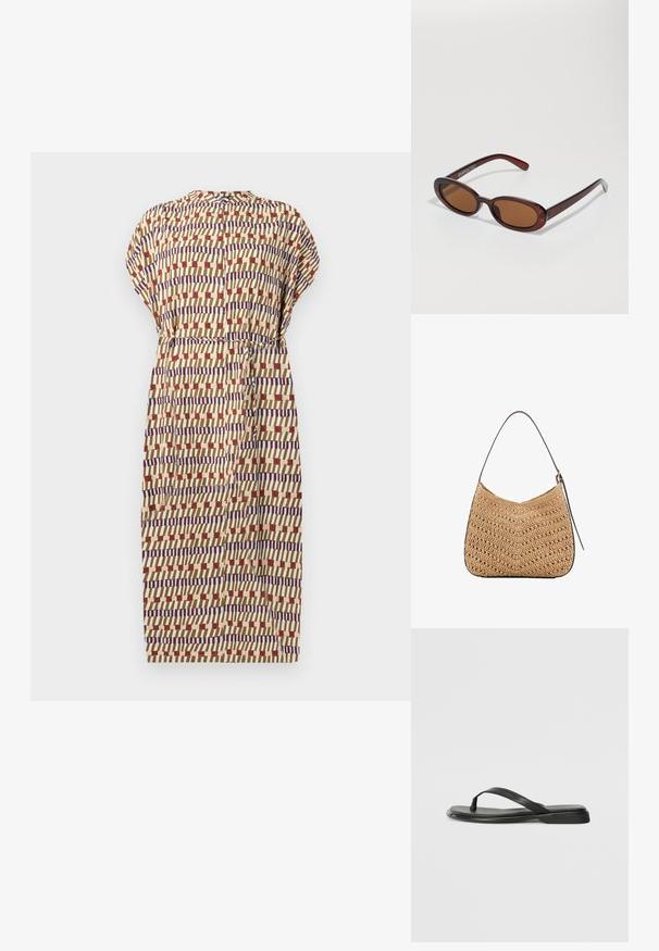Abito a maniche corte in beige, con un motivo geometrico in rosso, blu e crema. Giro vita arricciato e dettagli con bottoni sul retro.; Infradito neri in pelle liscia, con un design a fascia sottile e una suola piatta dal profilo minimale. Nessun motivo o accento particolare.; Occhiali da sole rotondi con tonalità marrone, montatura lucida color bordeaux. Aste sottili con un sottile dettaglio del marchio. Design delle lenti piatte.; Borsa a spalla in paglia intrecciata con forma curva, dotata di una tracolla in pelle scura e superficie testurizzata con motivo a zigzag.