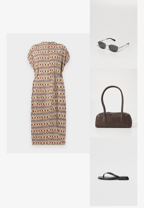Robe à manches courtes beige, présentant un motif géométrique en rouge, bleu et crème. Taille froncée et boutons dans le dos.; Tongs noires en cuir lisse, avec un design de sangle fine et une semelle plate à profil minimal. Aucun motif ou accent notables.; Lunettes de soleil avec des verres gris, monture en métal argenté slim, accents transparents et embouts noirs sur les branches. Elles ont une forme ovale.; Sac à main en cuir marron avec deux poignées robustes, de forme rectangulaire, texture lisse et fermeture zippée. Design minimaliste sans motifs visibles.