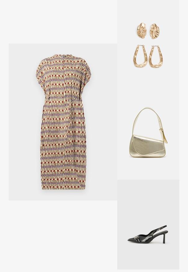 Short-sleeve dress in beige, featuring a geometric pattern in red, blue, and cream. Gathered waist and button detailing at the back.; Black patent leather slingback shoe with pointed toe, ankle straps featuring silver buckles and hardware, and a slender heel.; Gold metallic handbag with a structured design, smooth texture, and adjustable strap. Features a unique triangular shape and minimalist stitching.; Gold-tone earrings featuring textured, wavy shapes. Includes sculptural clip-on studs and open hoop design with a hammered finish.