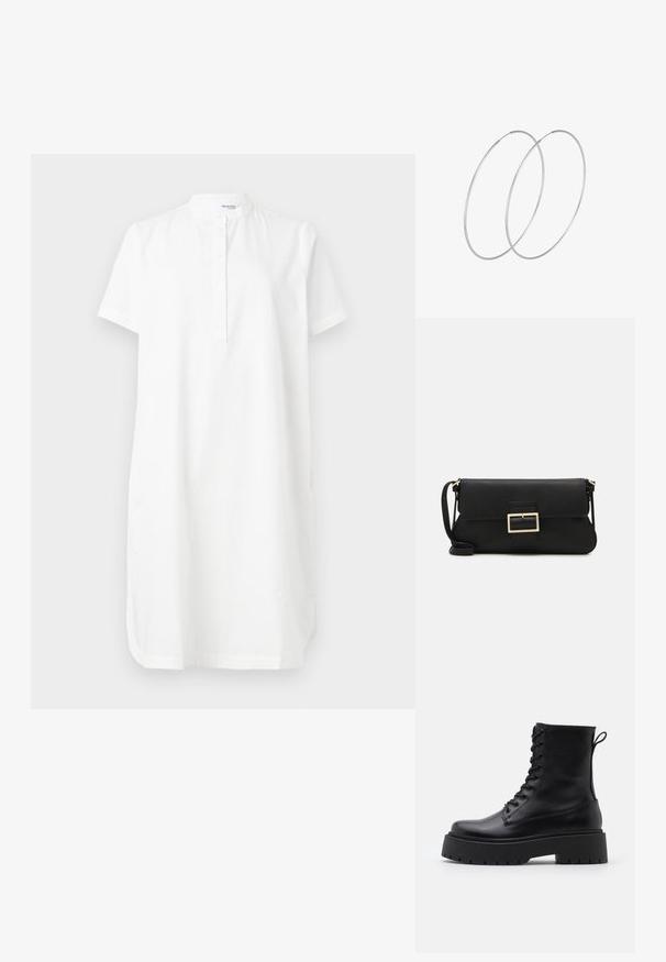 Balta, trumpa rankovėmis suknelė iš medvilnės, pasižyminti stovinčiu apykakle, mygtukų užtrauktuku ir šoninėmis kišenėmis, su laisvu siluetu ir tiesia forma.; Juodos odinės aulinukės su apvalia nosimi, raišteliais priekyje ir storesniu guminio pado apačioje su tekstūruotu raštu. Priekyje yra kilputė.; Juodas odinis dėkliukas su atvarteliu ir auksinės metalinės sagties detalėmis. Įeina juodas diržas ir elegantiškas, minimalistinis dizainas.; Sidabrinės pusmėnulio auskarai minimalistiniu dizainu. Apskritimo forma, lygus paviršius ir plonas profilis. Lengvi su poliruotu apdailu.