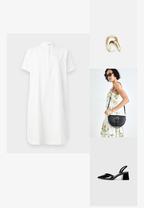 Valge lühikeste varrukatega kleit, mis on valmistatud puuvillast, esiküljel on eesneiste klapp, nupud ja küljetaskud. Kleidil on mugav lõige ja sirge vorm.; Mustad musta lakknahk kingad, millel on terav varvas ja geomeetriline plokkkonts. Omab elegantselt minimalistlikku disaini ja sujuvat tekstuuri.; Mustmust mustraha kõverate joontega, eemaldatava rihmaga ja kuldsete detailidega. Kotil on klapp, millel on pandladetail.; Kuldtooni metallist kõrvarõngas, millel on elegantne ja kaarjas disain. Omab silmapaistvat teravat kuju, poleeritud pinda ja hingesulgemist.